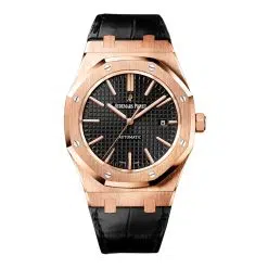 Audemars Piguet 15400OR.OO.D002CR.01 Royal Oak Selfwinding Black Dial 41mm Rose Gold Leather Strap Watch