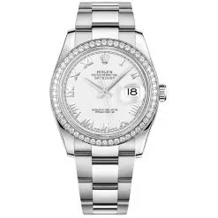 Rolex Datejust 116244-0023 White Roman Numeral 36mm Dial Diamond Set Bezel Oystersteel Oyster Bracelet Watch