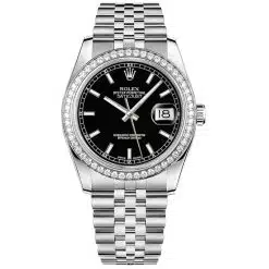 Rolex Datejust 116244-0043 Black 36mm Dial Diamond Set Bezel Oystersteel Jubilee Bracelet Watch