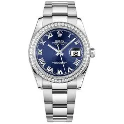Rolex Datejust 116244-0056 Blue Roman Numeral 36mm Dial Diamond Set Bezel Oystersteel Oyster Bracelet Watch
