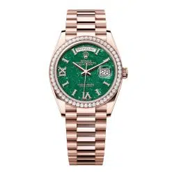 Rolex Day-Date 128345RBR-0068 Green Aventurine Set with Diamonds 36mm Dial Diamond Set Bezel Everose Gold President Bracelet Watch