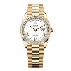 Rolex Day-Date 128398TBR-0026 White Roman Numeral 36mm Dial Diamond Set Bezel Yellow Gold President Bracelet Watch