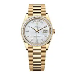 Rolex Day-Date 128398TBR-0030 White Mother-of-Pearl Set with Diamonds 36mm Dial Diamond Set Bezel Yellow Gold President Bracelet Watch