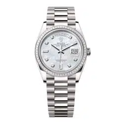 Rolex Day-Date 128399TBR-0003 White Mother-of-Pearl Set with Diamonds 36mm Dial Diamond Set Bezel White Gold President Bracelet Watch
