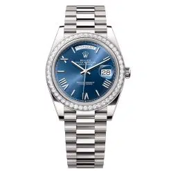 Rolex Day-Date 228349RBR-0005 Bright Blue 40mm Dial Diamond Set Bezel White Gold President Bracelet Watch