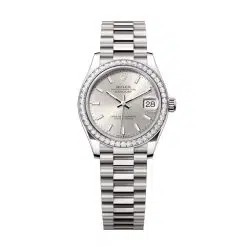 Rolex Datejust 278289RBR-0012 Silver 31mm Dial Set with Diamonds Bezel 18 kt White Gold President Bracelet Watch