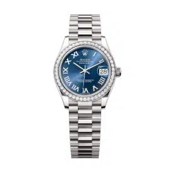 Rolex Datejust 278289RBR-0023 Bright Blue Roman Numeral 31mm Dial Set with Diamonds Bezel 18 kt White Gold President Bracelet Watch